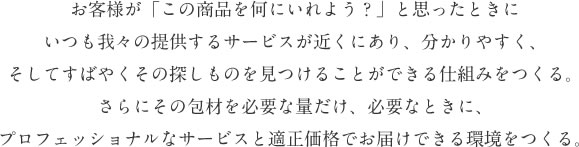 お客様が「この商品を何にいれよう？」と思ったときに
いつも我々の提供するサービスが近くにあり、分かりやすく、
そしてすばやくその探しものを見つけることができる仕組みをつくる。
さらにその包材を必要な量だけ、必要なときに、
プロフェッショナルなサービスと適正価格でお届けできる環境をつくる。